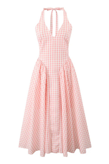 Abito midi donna a quadretti con scollo a V