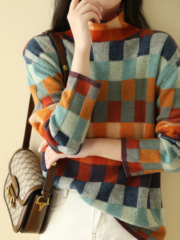 Maglione donna a quadri con collo alto
