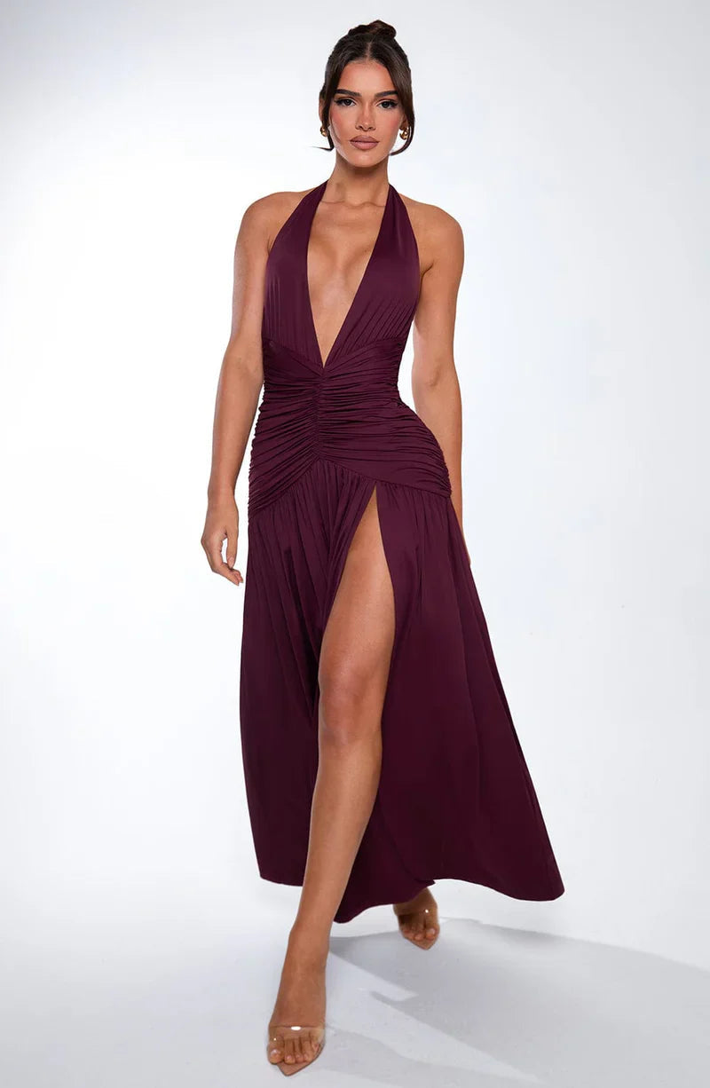 Abito lungo donna con scollo a V e spacco laterale