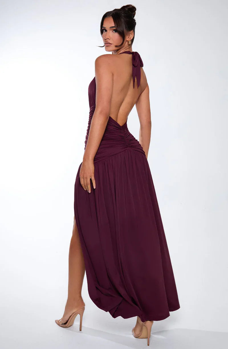Abito lungo donna con scollo a V e spacco laterale