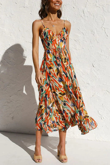 Abito midi stampato con scollo a V