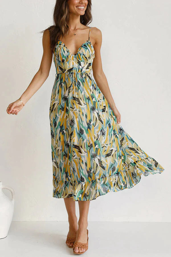 Abito midi stampato con scollo a V
