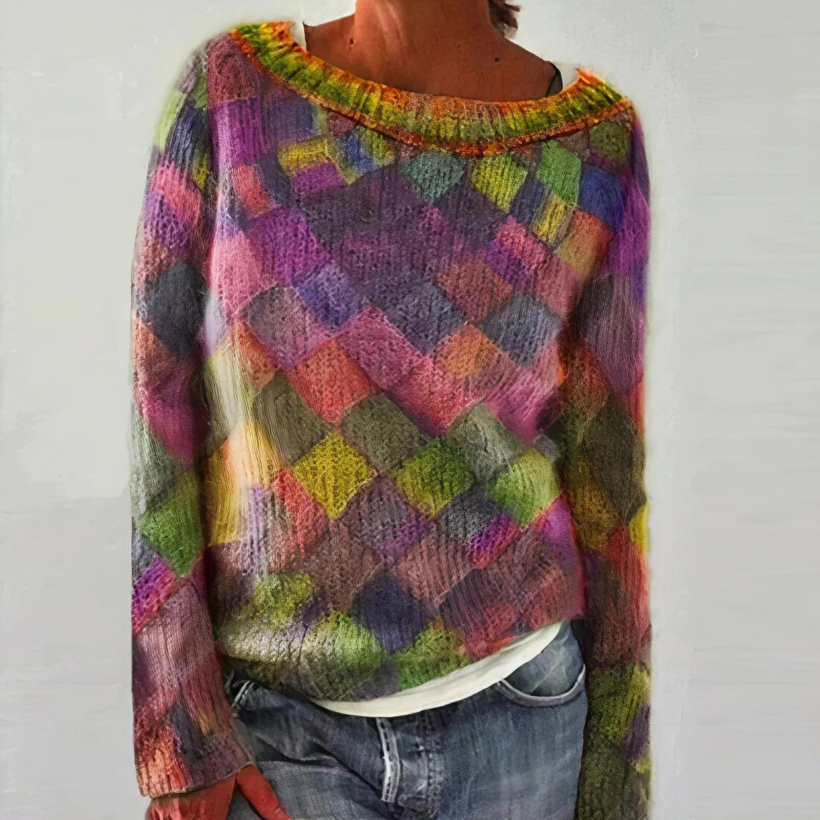 Maglione donna a maniche lunghe con motivo multicolore