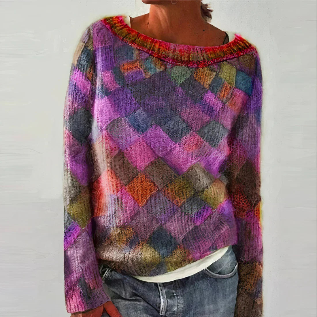 Maglione donna a maniche lunghe con motivo multicolore