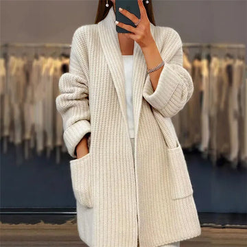 Cardigan lungo donna in maglia con tasche e apertura frontale