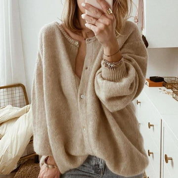 Cardigan donna scollo a coste maniche voluminose