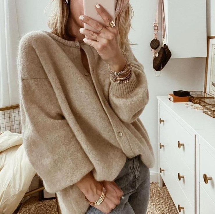 Cardigan donna scollo a coste maniche voluminose