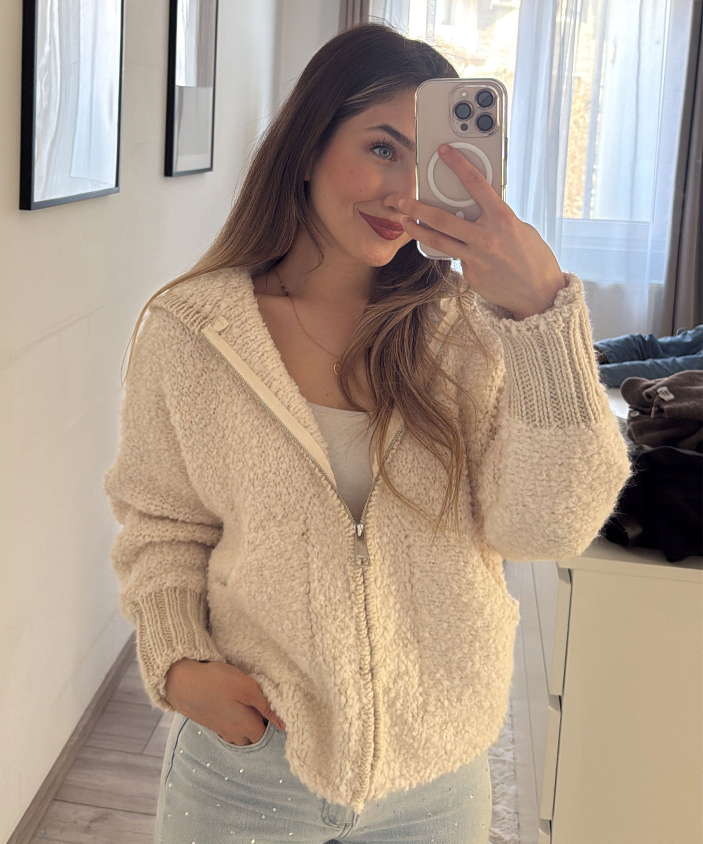Giacca con zip donna beige