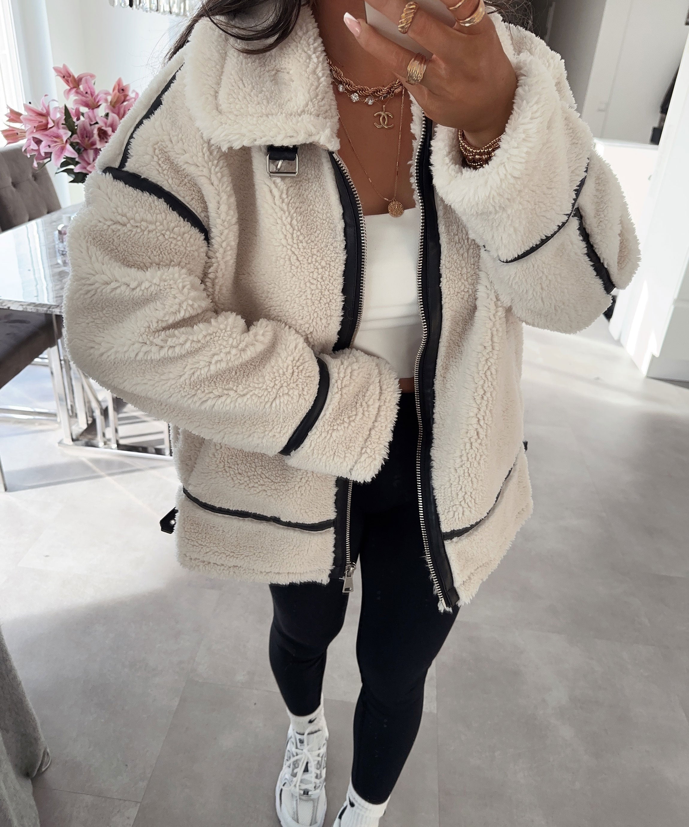 Giacca donna in pelliccia Teddy colore panna