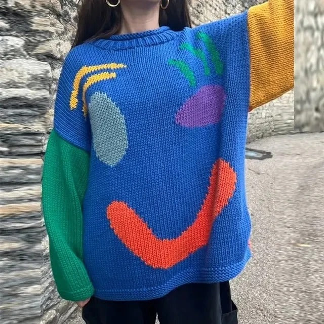 Maglione donna oversize a girocollo con motivo grafico
