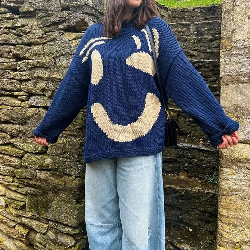 Maglione donna oversize a girocollo con motivo grafico