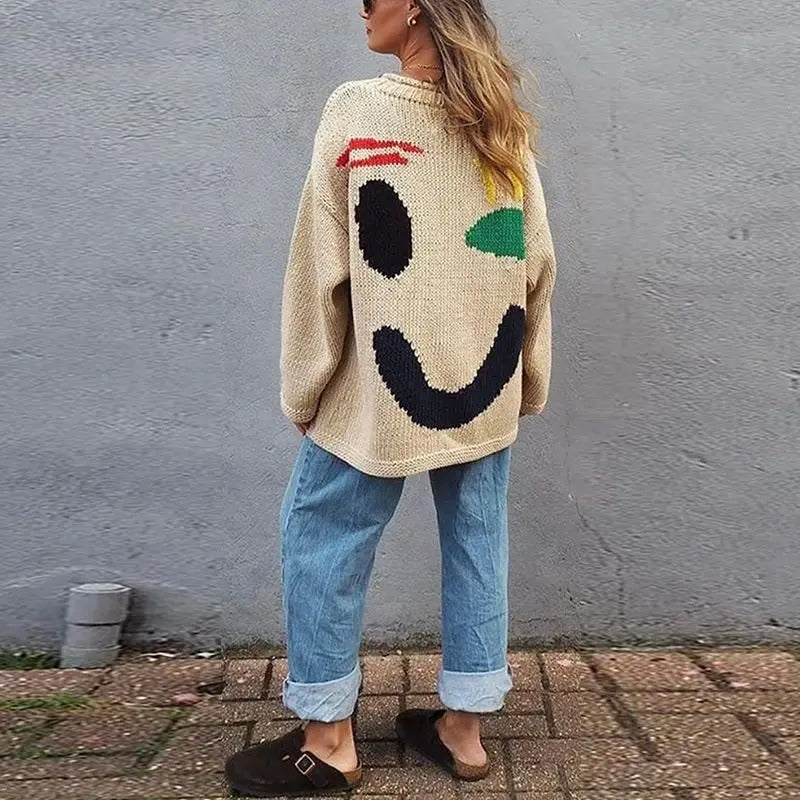 Maglione donna oversize a girocollo con motivo grafico